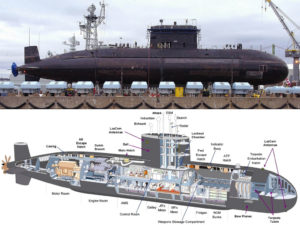HMS Upholder podczas prac wykończeniowych w stoczni wraz z schematem pokazującym rozmieszczenie przedziałów na okręcie. / Zdjęcie: www.flickr.com