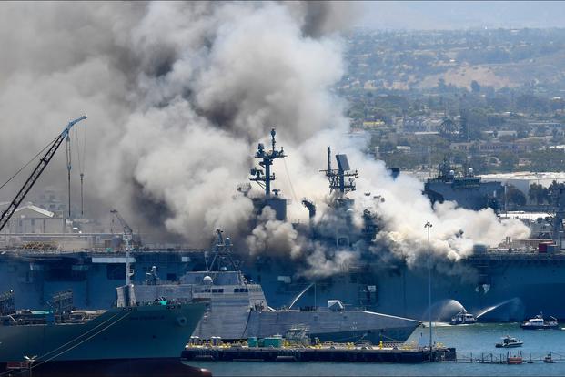 Na zdjęciu z 12 lipca 2020 r. widać unoszący się dym z nad płonącego USS Bonhomme Richard w bazie marynarki wojennej w San Diego po eksplozji i pożarze który wybuchł na okręcie. / Zdjęcie: AP / Denis Poroy